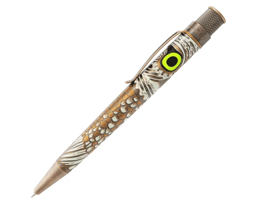 Retro 51 Tornado Rescue Owl Rescue ballpoint pen featuring a detailed owl illustration on a sleek barrel.