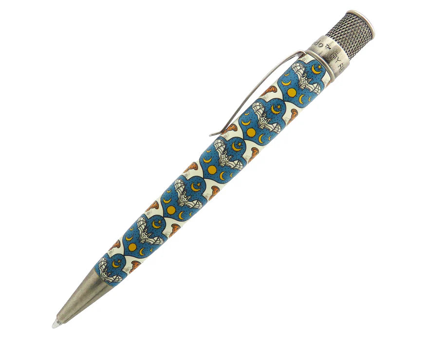 Retro 51 Tornado Rescue Bat Rescue rollerball pen with detailed bat design in black and silver ink.