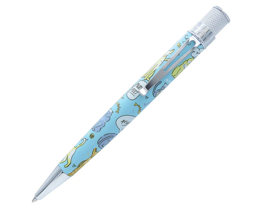 Retro 51 Tornado Rescue cat rescue series rollerball pen with colorful rescue cat design on a sleek metallic barrel.