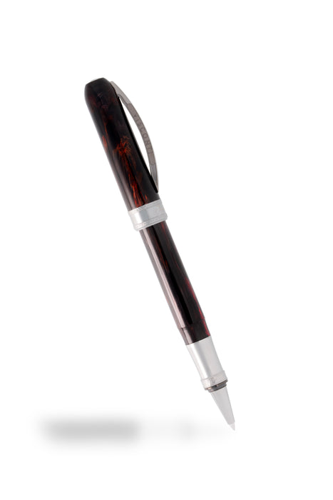 Visconti Comedia Inferno fountain pen with intricate design and gold accents, displayed on a white background.