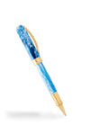 Visconti Comedia Paradiso rollerball pen with sleek design and gold accents, displayed on a white background.