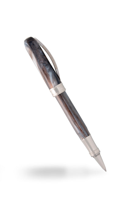 Visconti Comedia Purgatorio rollerball pen with detailed design and smooth black barrel on a neutral background.