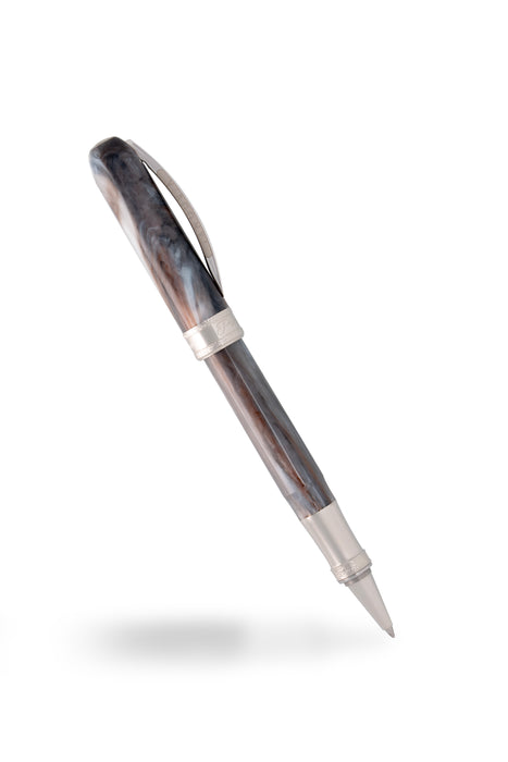 Visconti Comedia Purgatorio rollerball pen with detailed design and smooth black barrel on a neutral background.