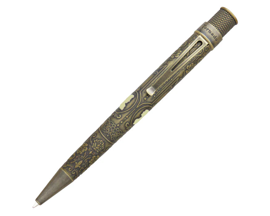 Retro 51 Tornado Rescue Pride and Prejudice rollerball pen with literary-themed design on a white background.