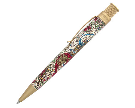 Retro 51 Beauty and The Beast Tornado rollerball pen with intricate literary-themed design on black background.