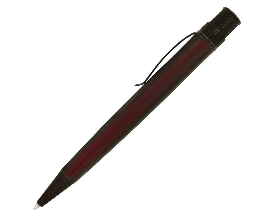 Retro 51 Tornado Stealth Lacquer rollerball pen in sleek black cherry finish, with shiny black accents and a modern design.