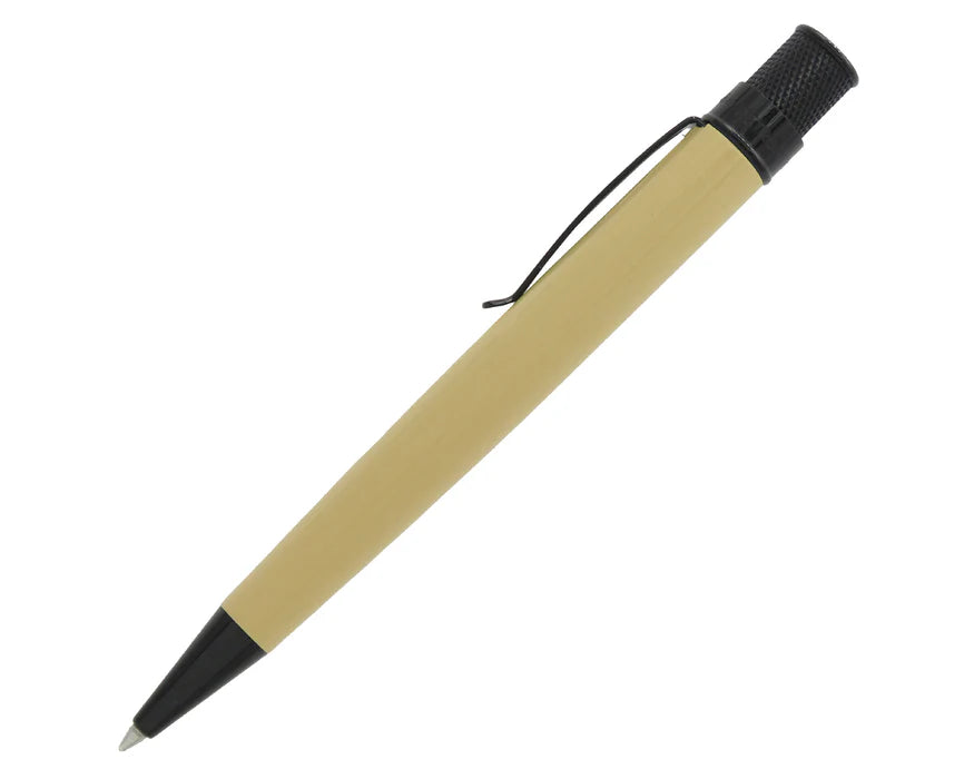 Retro 51 Tornado Stealth Lacquer rollerball pen with sleek black and desert sand finish, modern design, and metal clip.
