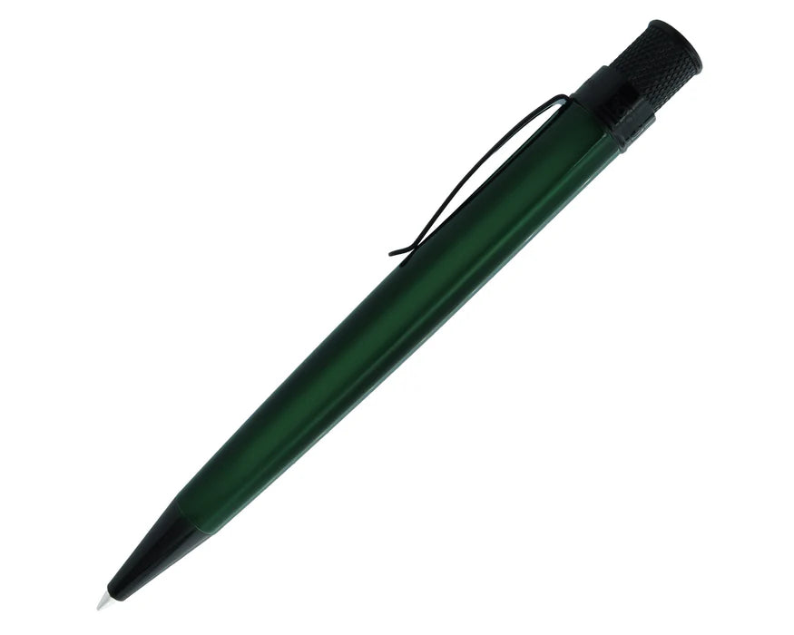 Retro 51 Tornado Stealth Lacquer rollerball pen in emerald green with sleek black accents, featuring a smooth writing tip.