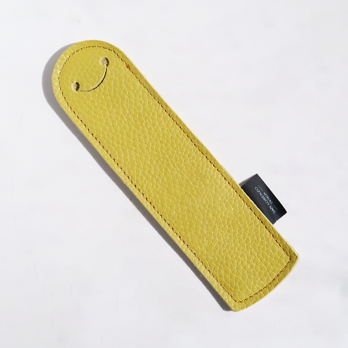 Yellow San Lorenzo bookmark pen sleeve showing a bright yellow fabric sleeve designed to hold pens and mark pages in books.