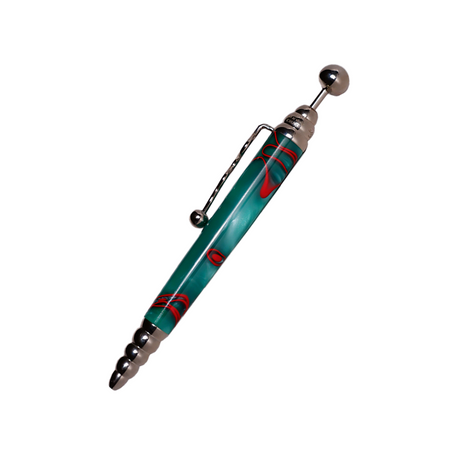 Green Jean-Pierre Lepine Zig Zag ballpoint pen with red filet design, featuring a sleek metal body and textured grip.