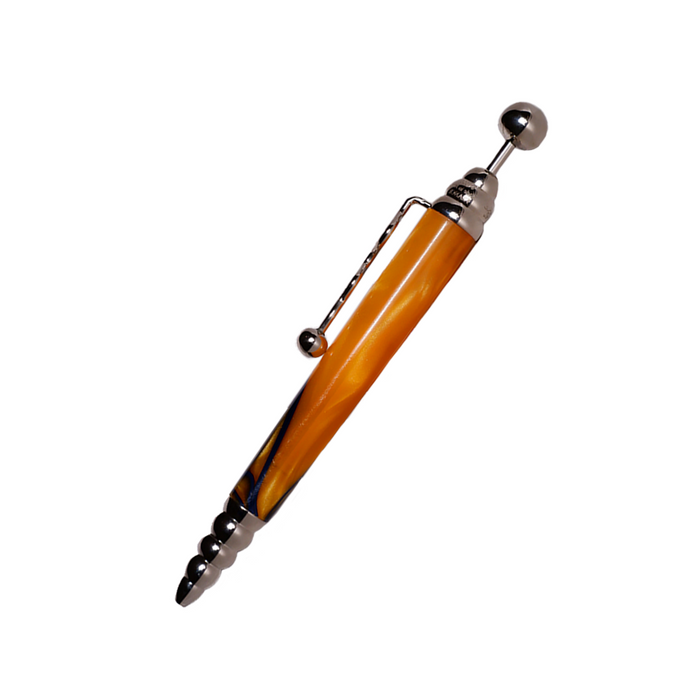 Jean-Pierre Lepine Zig Zag yellow ballpoint pen with blue filet design on a white background.