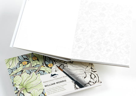 Watercolour postcard book featuring William Morris designs by Pepin Press, showcasing vibrant floral watercolor illustrations.