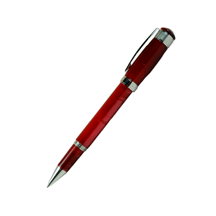 Cleo Skribent Aura rollerball pen with red body and sleek design, displayed on a white background.