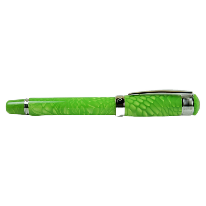 Cleo Skribent Aura rollerball fountain pen in green Mamba with sleek design and silver accents, close-up view of the pen.