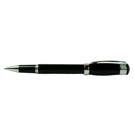 Cleo Skribent Aura rollerball pen with black ink and sleek black design, showcasing elegant writing instrument style.