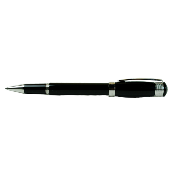 Cleo Skribent Aura rollerball pen with black ink and sleek black design, showcasing elegant writing instrument style.