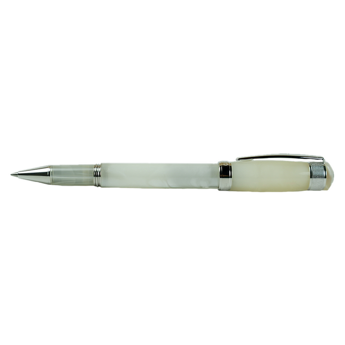 Cleo Skribent Aura rollerball pen with mother of pearl finish, elegant fountain pen design and gold accents.