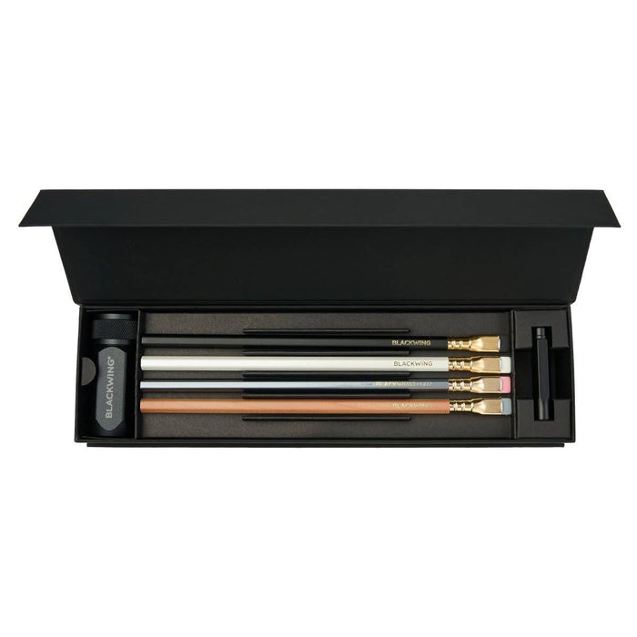 Blackwing Pencil Essentials Set with multiple black pencils and accessories, featuring sleek black design and high-quality craftsmanship.