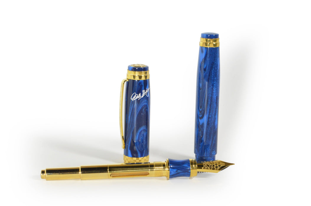 Bexley Carroll Shelby Cobra fountain pen with black body and chrome accents, showcasing elegant craftsmanship and detailed design.