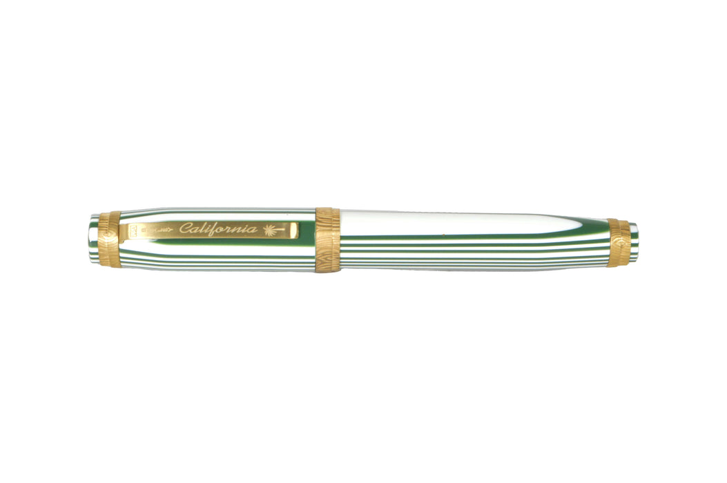 Bexley California Gold Trim fountain pen with gold accents and fine nib, sleek black body, and elegant design.