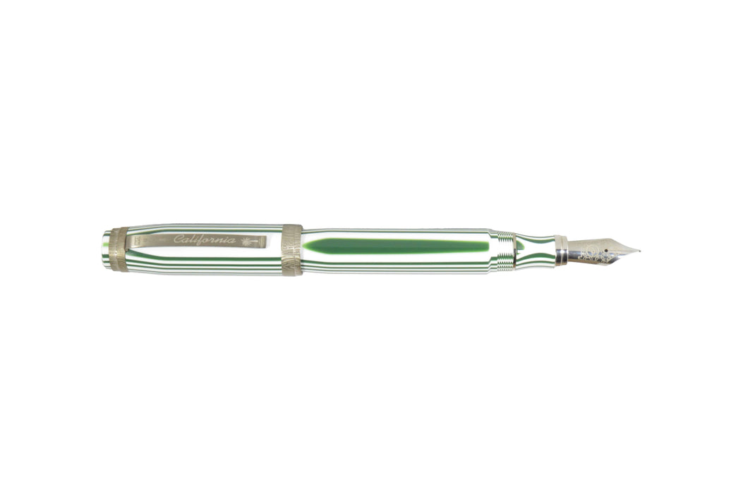 Bexley California Silver Trim Fountain Pen with fine nib, featuring a sleek design and silver accents on a smooth finish.