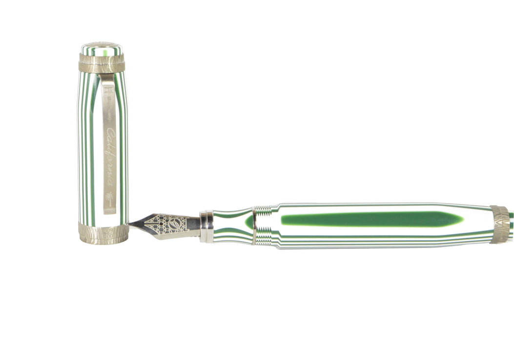 Bexley California Silver Trim fountain pen with fine nib, featuring silver accents and a sleek black body.
