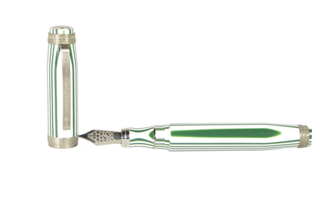 Bexley California Silver Trim fountain pen with fine nib, featuring silver accents and a sleek black body.