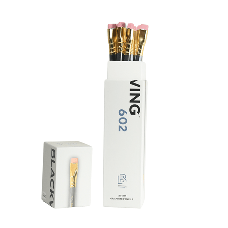 Blackwing Pencils 602 set featuring classic black graphite pencils with silver ferrules and erasers, ideal for writing and sketching.