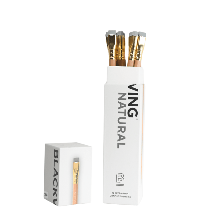 Blackwing Natural pencils arranged in a row, showcasing their sleek black and natural wood finish.