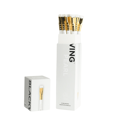 Blackwing Pearl pencils in black and white with classic clip, featuring smooth graphite leads and distinctive pearl-themed design.