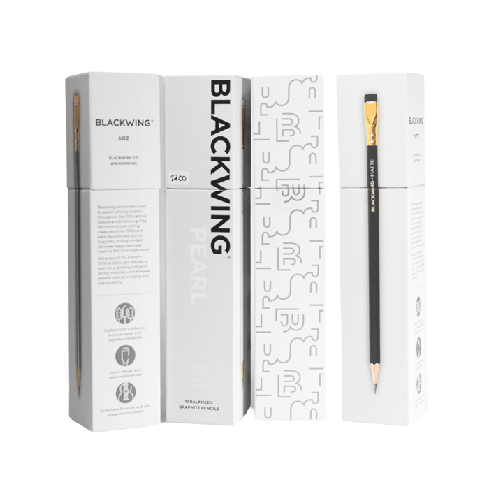 Blackwing Pearl pencils with sleek black and pearl-colored barrels, featuring the iconic Blackwing logo and silver accents.