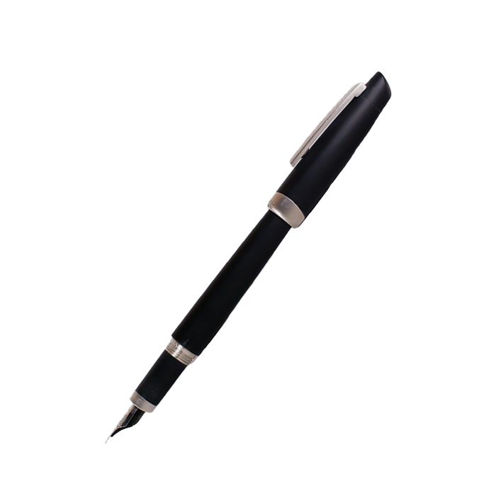 Black matte Jean-Pierre Lepine Yuzu fountain pen with sleek design and gold accents, displayed on a plain background.