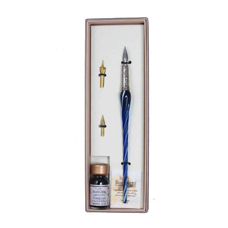 Bortoletti entwined Murano glass dipping pen set with purple and clear glass design, elegant writing instrument for art and calligraphy.