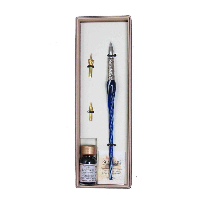 Bortoletti entwined Murano glass dipping pen set with purple and clear glass design, elegant writing instrument for art and calligraphy.