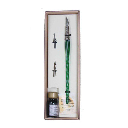 Bortoletti entwined Murano glass dipping pen set featuring elegant, colorful glass pens with intricate twisted designs.