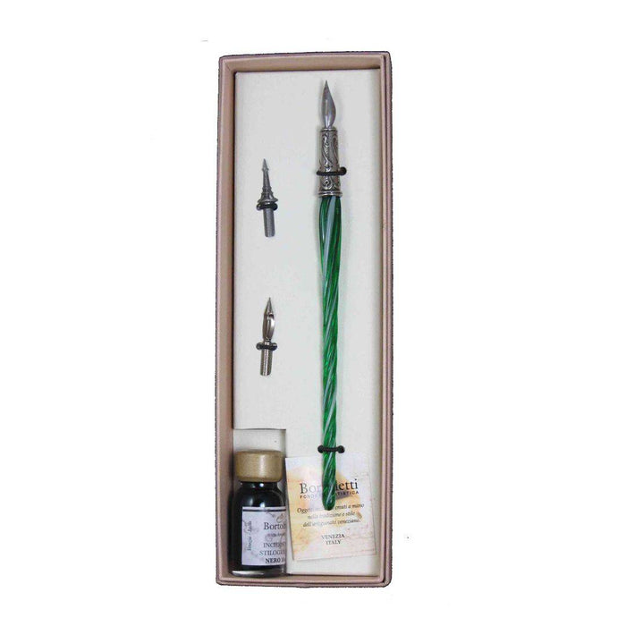 Bortoletti entwined Murano glass dipping pen set featuring elegant, colorful glass pens with intricate twisted designs.