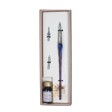 Bortoletti entwined Murano glass dipping pen set with elegant, colorful glass pens featuring intricate designs.