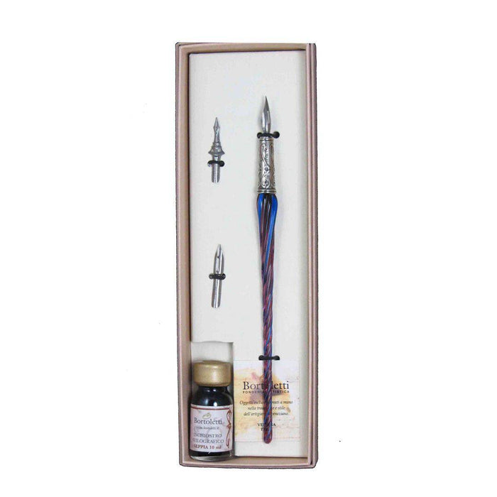 Bortoletti entwined Murano glass dipping pen set with elegant, colorful glass pens featuring intricate designs.