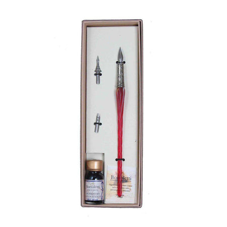 Bortoletti glass dipping pen set with entwined Murano glass designs, featuring vibrant Alexandrite-colored tips for artistic writing.