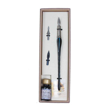 Bortoletti entwined Murano glass dipping pen set with colorful, intricate glass design and elegant metal nib.