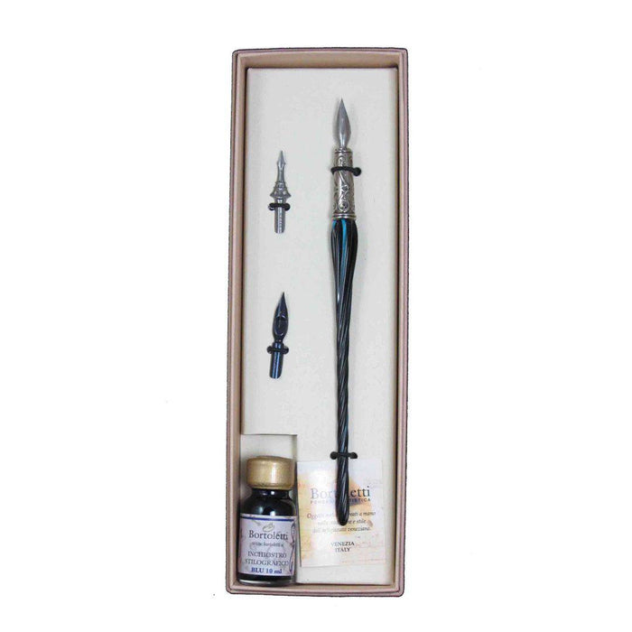 Bortoletti entwined Murano glass dipping pen set with colorful, intricate glass design and elegant metal nib.