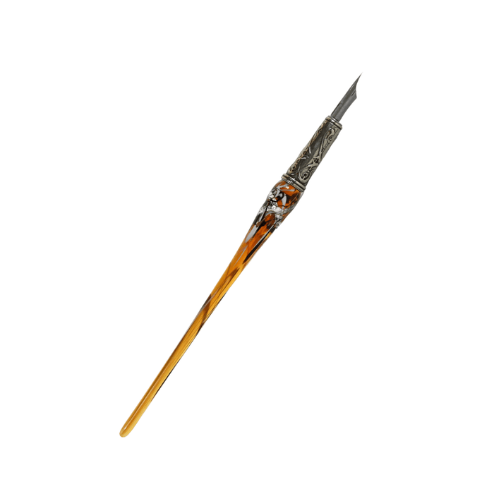 Bortoletti glass dipping pen in silver with amber-colored glass, showcasing a sleek, artistic design for calligraphy or drawing.