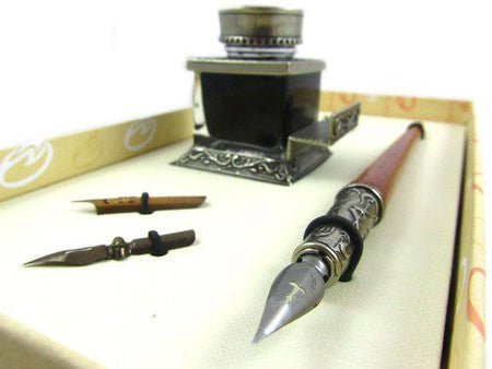 Bortoletti Paladio writing set inkwell with ornate design, featuring a decorative glass inkwell and gold accents.