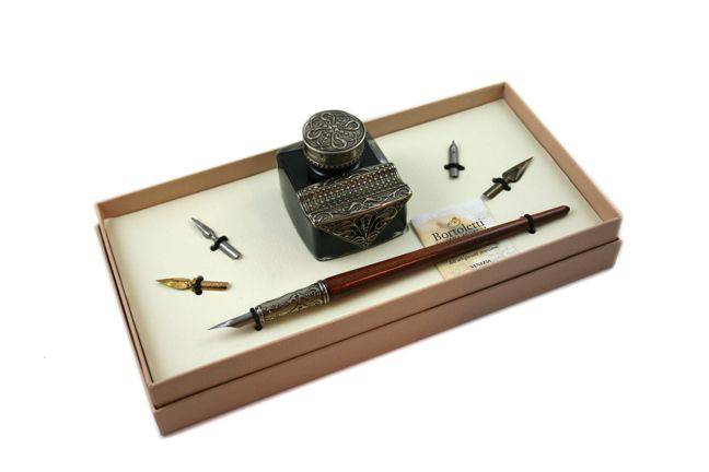 Bortoletti Tiziano writing set inkwell with elegant design, featuring a classic glass inkwell and metal accents in a vintage style.
