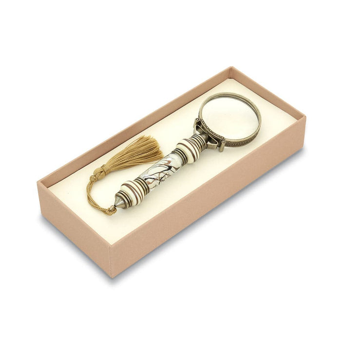 Bortoletti Murano Glass Magnifying Glass with amber handle, silver leaf accents, and decorative tassel.