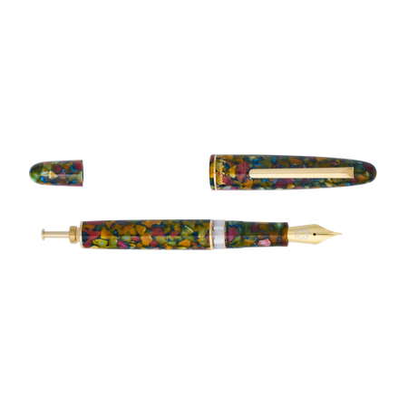 Esterbrook Estie push button fountain pen with botanical open flower design on glossy black body, showcasing elegant craftsmanship.