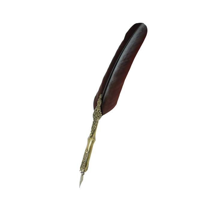 Le Potier D'Etain bronze filigree feather ink quills with intricate detailing and brown feather accents.