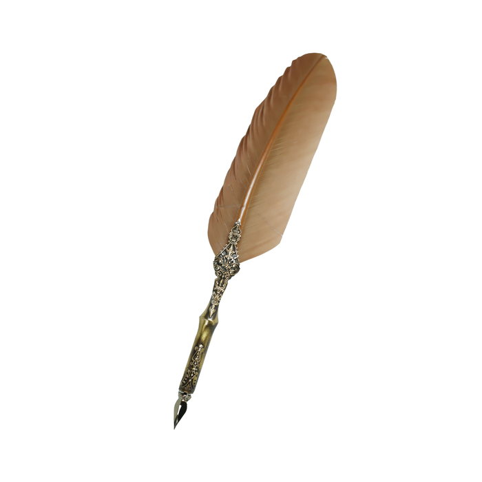 Le Potier D'Etain bronze feather ink quill with intricate filigree design, perfect for calligraphy and writing.
