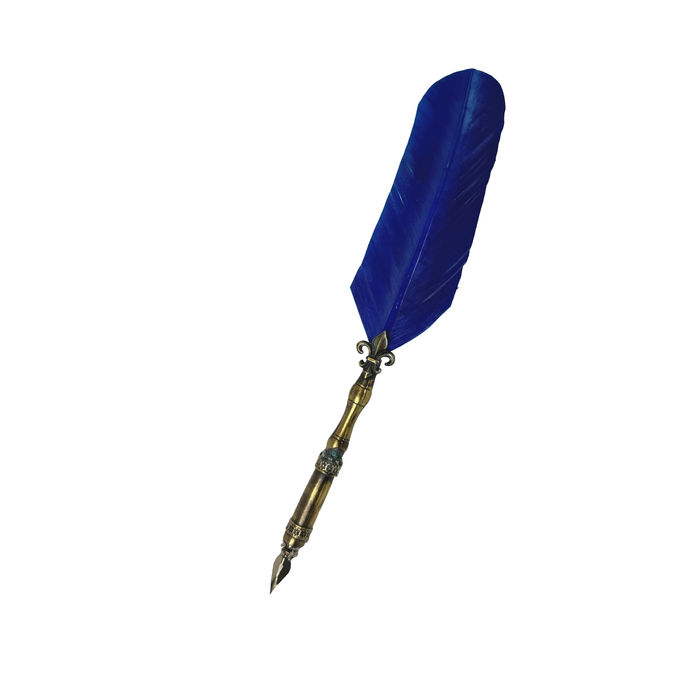 Bronze feather ink quill with Fleur De Lis design from Le Potier D'Etain, featuring elegant blue accents on the bronze feather.