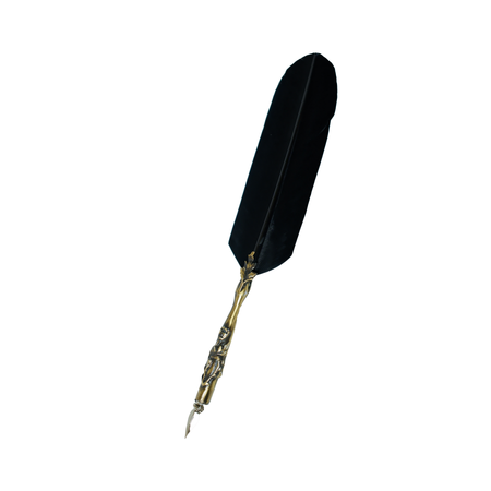 Le Potier D'Etain Feather Ink Quills with bronze flower detail and black feathers for calligraphy and writing.